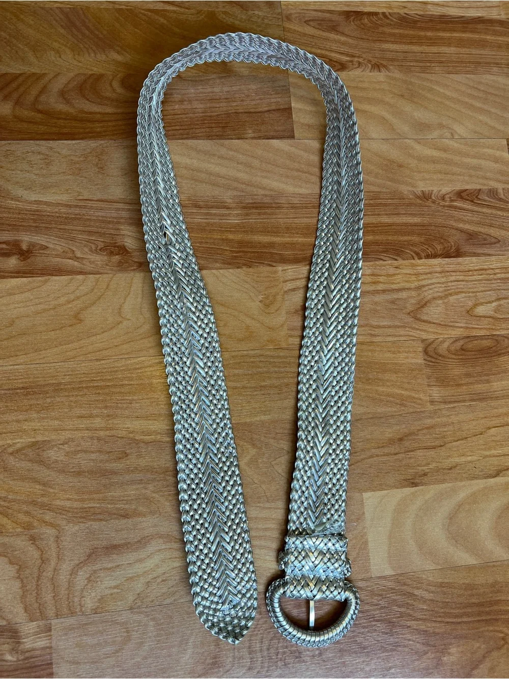 VGUC Woven Metallic Silver Belt with Covered Round Buckle 42” length